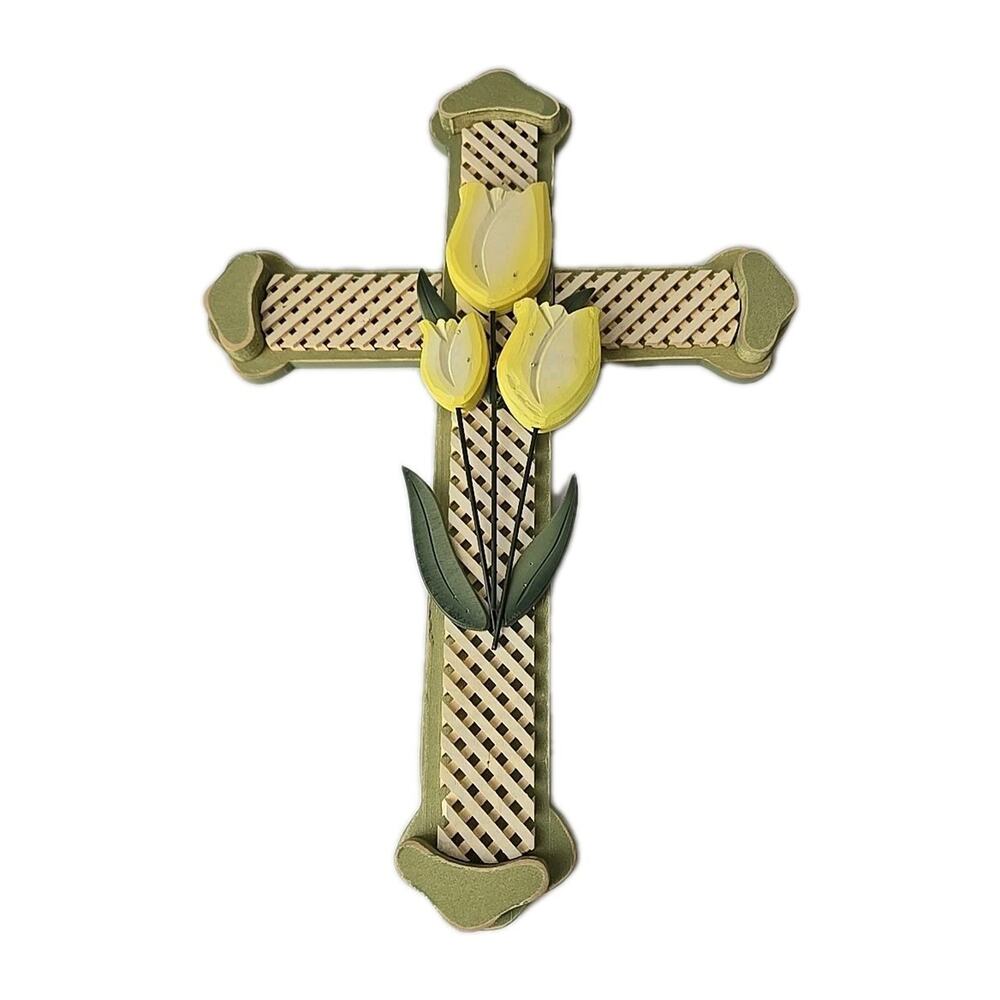 Vtg Wooden Cross with Tulips Wall Hanging Spring Easter Decor Green‎ Yellow 15"